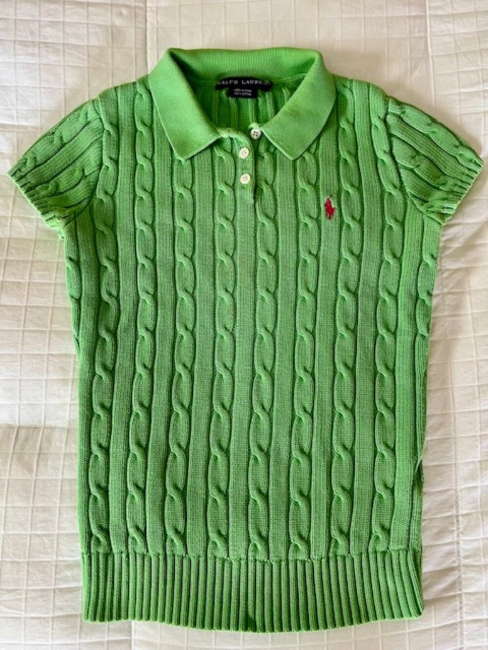 Ralph Lauren Women Cable Knit Short Sleeve Polo Top Green Size M (fits like XS)